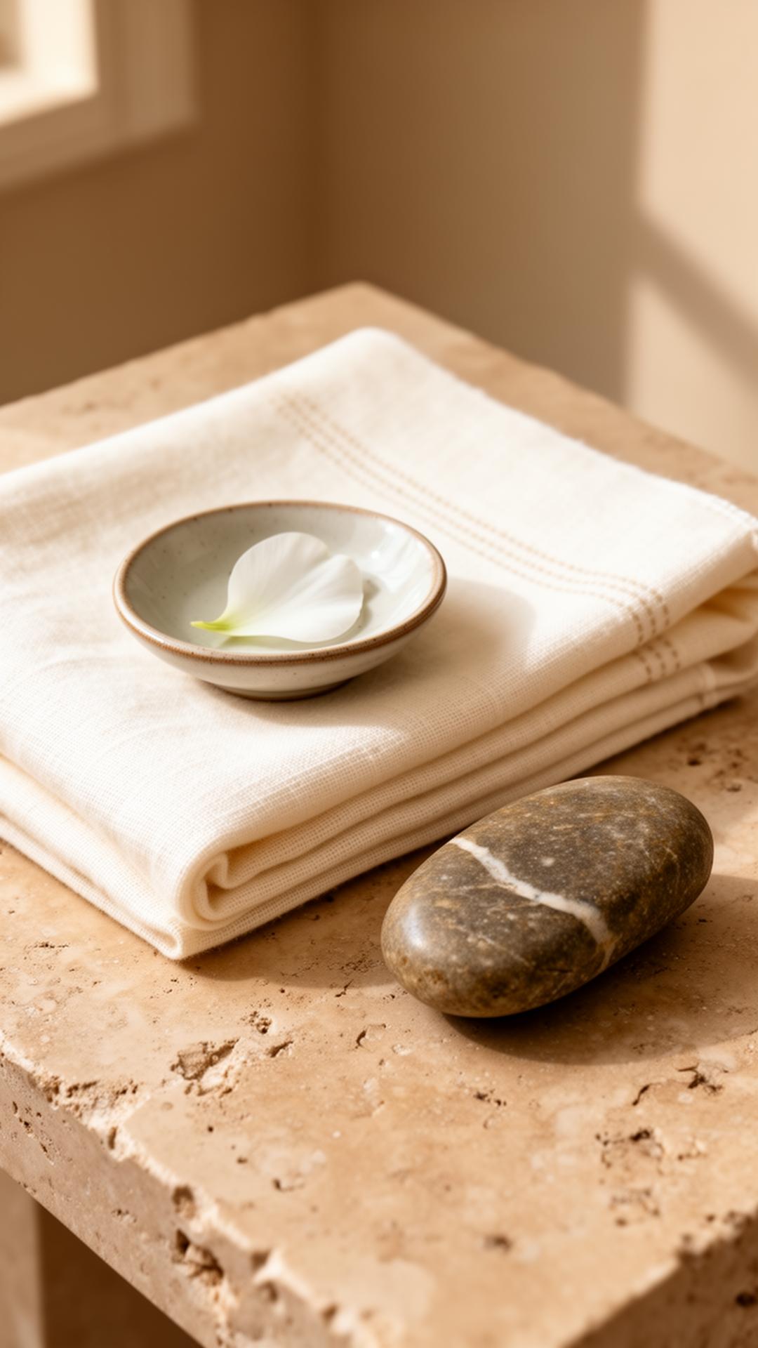 A still life of linen, ceramic and stone